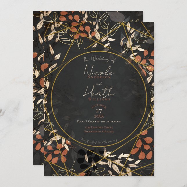 Invitation Bold Fall Floral Terracotta Gris Mariage Or (Devant / Derrière)