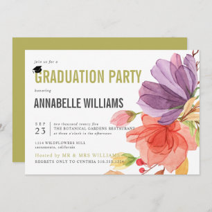 Invitation Bold Fleur sauvage Aquarelle Green Graduation Part