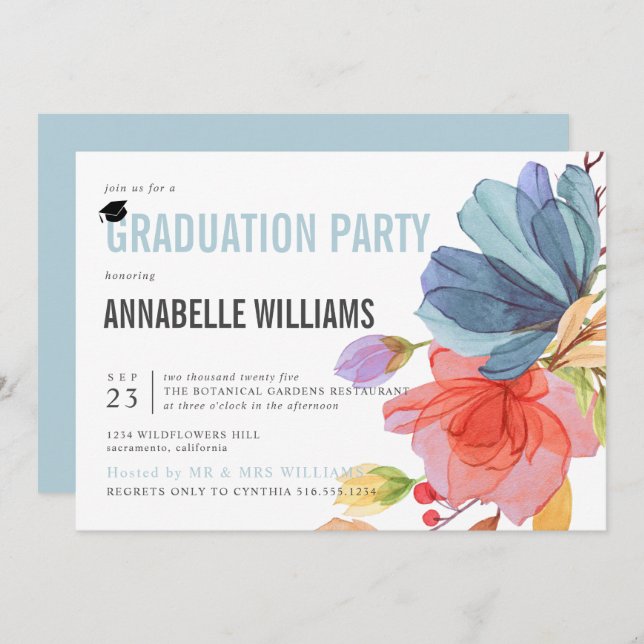 Invitation Bold Fleurs sauvages d'aquarelle Aqua Graduation P (Devant / Derrière)