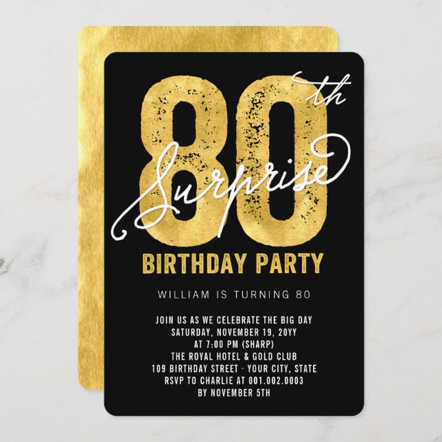 Invitation Bold Gold Foil Surprise 80e anniversaire Invitatio (Devant / Derrière)