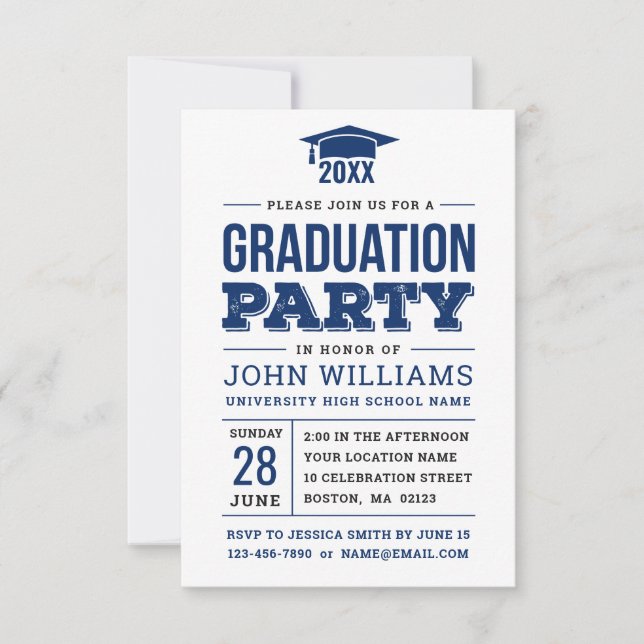Invitation Bold Navy Blue and White Photo Graduation Party (Devant)