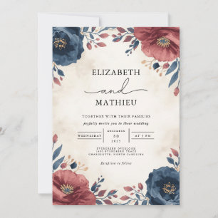 Invitation Bold Navy & Burgundy Floral Botanal Mariage