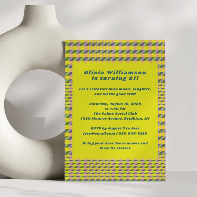 Invitation Bold Neon Jaune Plaid Amusant 21e fête d'anniversa (Créateur téléchargé)