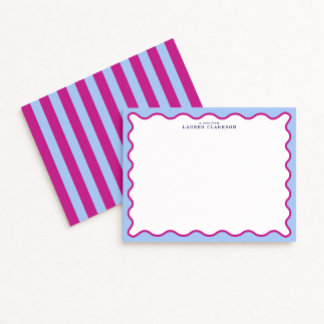 Invitation Bold Pink & Blue Striped Wavy Frame Note Card