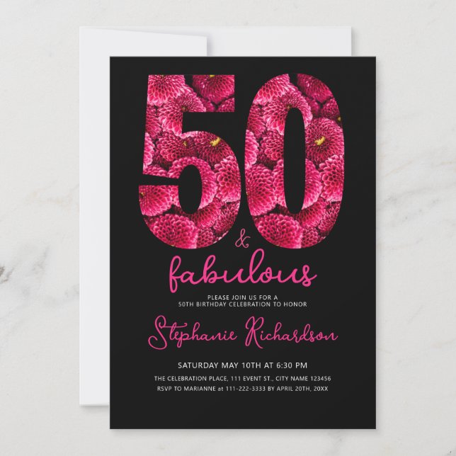 Invitation Bold Pink Floral 50 and Fabulous Birthday Party (Devant)