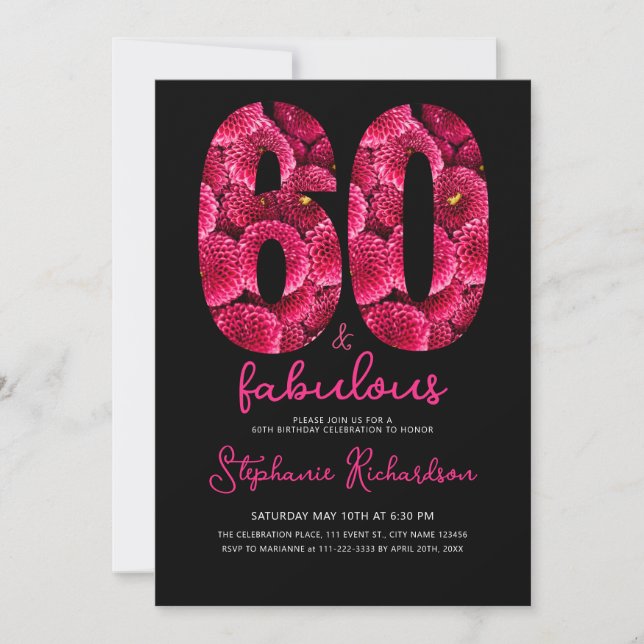 Invitation Bold Pink Floral 60 and Fabulous Birthday Party (Devant)