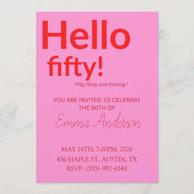 Invitation Bold Pink Red 50th Birthday Invite (Devant)