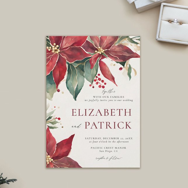 Invitation Bold Poinsettia Élégant Noël Mariage d'hiver (winter wedding invitation modern christmas watercolor poinsettia elegant rustic bohemian)