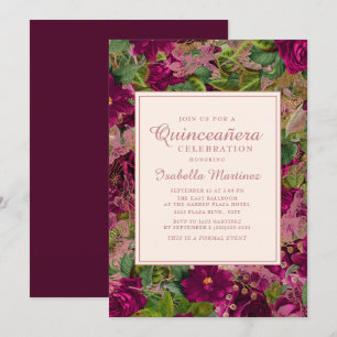 Invitation Bold Purple Wine Lacy Rose Floral Quinceañera