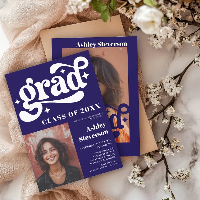 Invitation Bold Retro Blue Super 2 photos Graduation Party (Bold Retro Blue Groovy 2 photos Graduation Party Invitation)