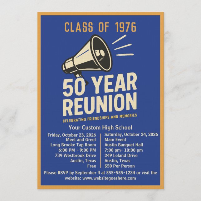Invitation Bold Retro Megaphone 50 Year High School Reunion (Devant)