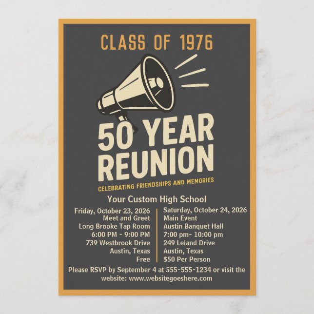Invitation Bold Retro Megaphone 50 Year High School Reunion (Devant)