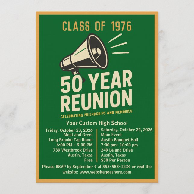 Invitation Bold Retro Megaphone 50 Year High School Reunion (Devant)