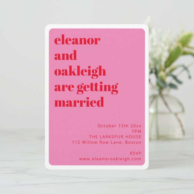 Invitation Bold Typography Bright Pink Red Stylish Wedding (Debout devant)