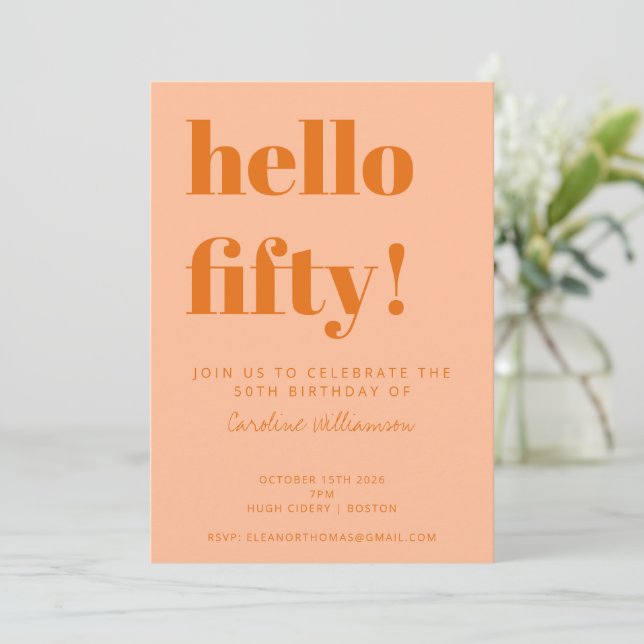Invitation Bold Typography Peach Orange Modern 50th Birthday (Debout devant)