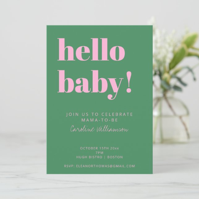 Invitation Bold Typography Pink Green Modern Baby Shower (Debout devant)