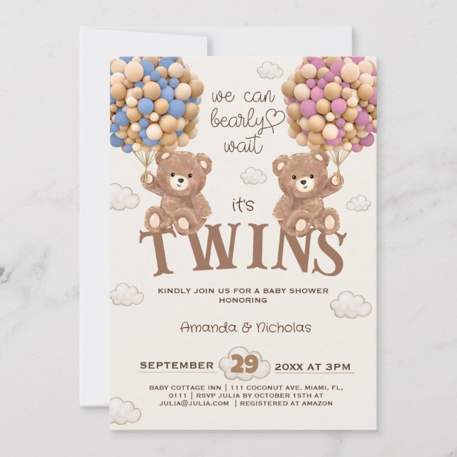 Invitation Boloons d'ours baby shower jumeaux d'attente préco (Devant)