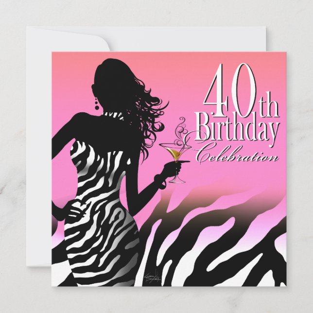 Invitation Bombshell Zebra 40e anniversaire de fête robe rose (Devant)
