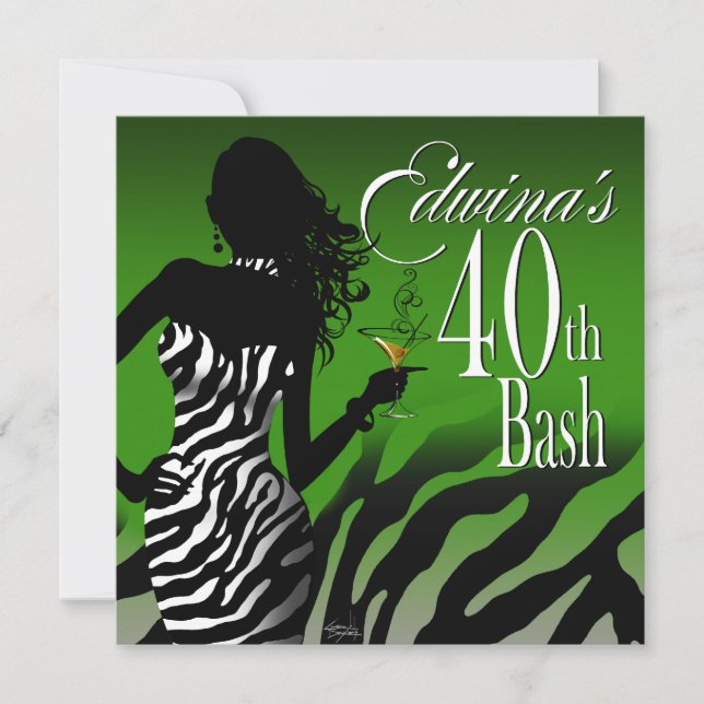Invitation Bombshell Zebra Edwina's 40th Birthday Green (Devant)