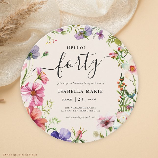 Invitation Bon anniversaire Quarante Jolies Fleurs 40 ans (Invitation shown in a round shape, choose size and corner style.)