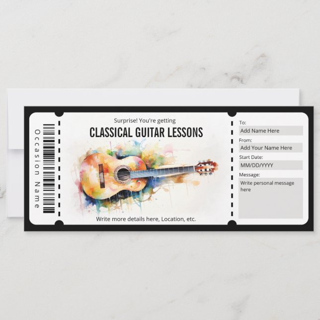 Invitation Bon de cadeau pour des cours de guitare classique  (Devant)