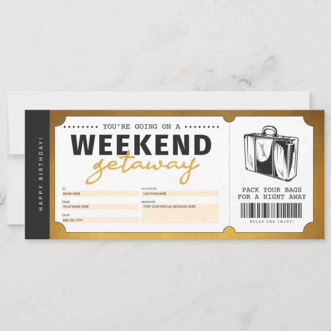 Invitation Bon de Ticket Voyage Cadeau Week-end Or (Devant)