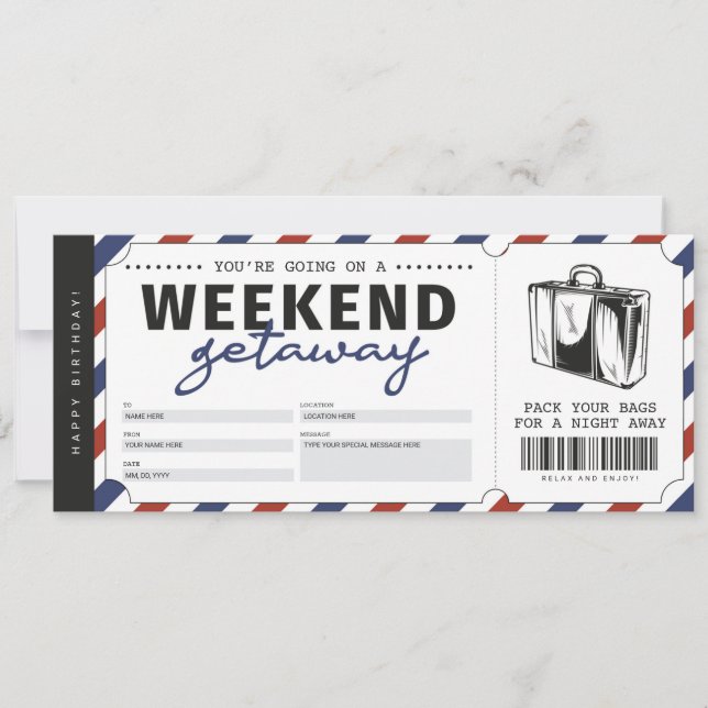 Invitation Bon de voyage cadeau pour un week-end (Devant)
