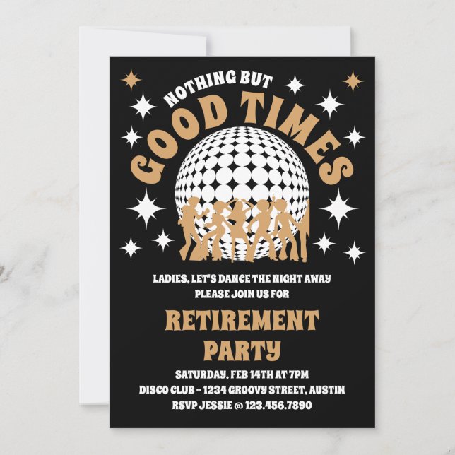 Invitation Bon temps Super Black and Gold Retraite Party (Devant)