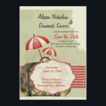 Invitation Bon Voyage Enregistrer la date Annonce<br><div class="desc">Un mariage de charme à destination Enregistrer la Date Annonce. Avec une touche de style vintage, ce design comprend des parasols de plage, une valise, une motif à rayures audacieuses et un étiquette décoratif pour votre personnalisation. La carte est facile à customiser avec votre libellé, police, couleur de police, options...</div>