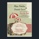 Invitation Bon Voyage Enregistrer la date Annonce<br><div class="desc">Un mariage de charme à destination Enregistrer la Date Annonce. Avec une touche de style vintage, ce design comprend des parasols de plage, une valise, une motif à rayures audacieuses et un étiquette décoratif pour votre personnalisation. La carte est facile à customiser avec votre libellé, police, couleur de police, options...</div>