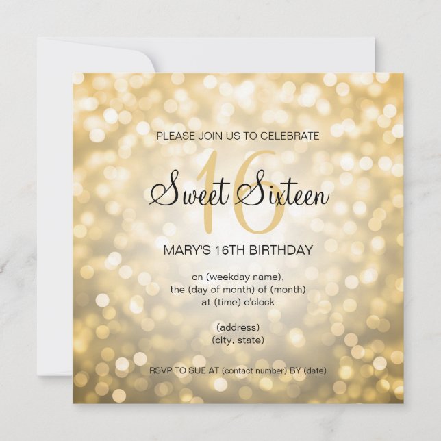 Invitation Bonbon 16 lumières de parties scintillantes d'or (Devant)