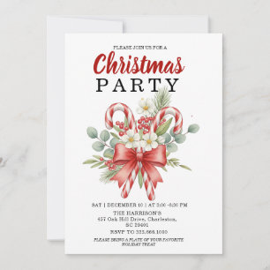 Invitation Bonbon à l'aquarelle Canne & Noël au ruban rouge