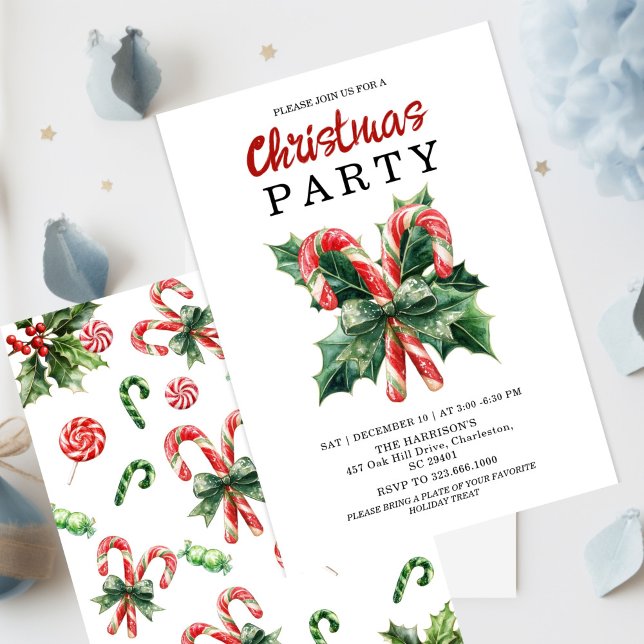 Invitation Bonbon à l'aquarelle Canne & Rouge Noël Bow Fête  (Créateur téléchargé)