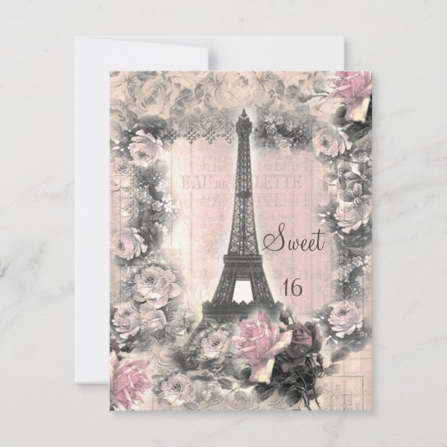 Invitation Bonbon chic minable 16 à Tour Eiffel et à roses (Devant)