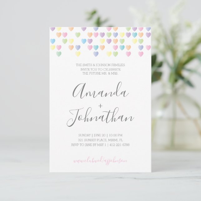 Invitation bonbons au coeur doux en couple pastel WEDDING SHO (Debout devant)
