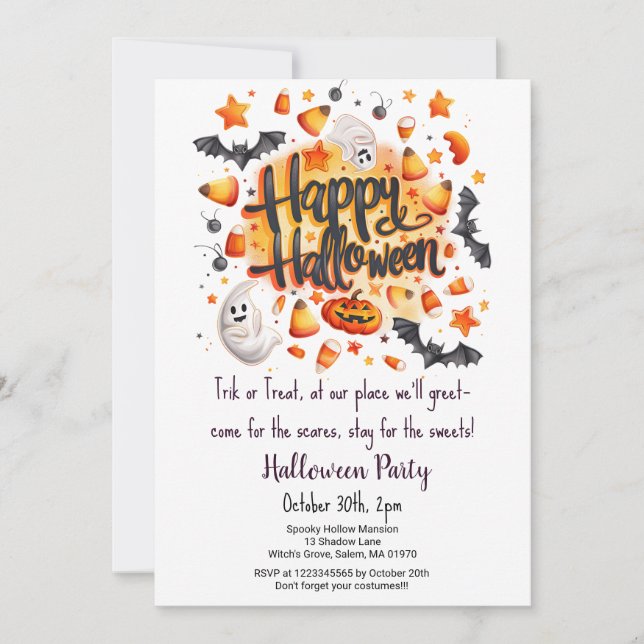 Invitation Bonbons Corn Trick ou Treat Bats Halloween Party (Devant)