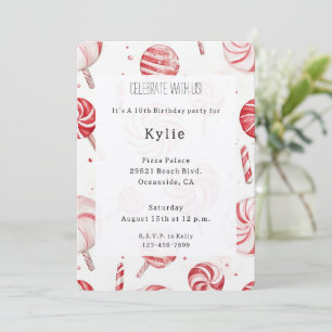 Invitation Bonbons sucettes rayés de rouge et de crème pour a