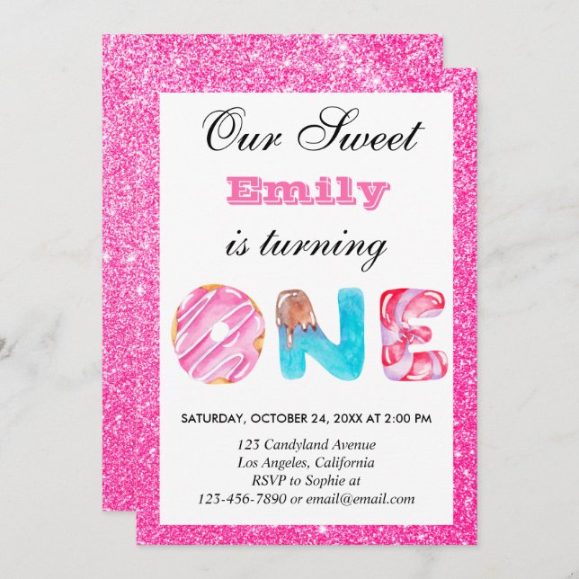 Invitation Bonbons sucrés Parties scintillant rose chaude pre (Devant / Derrière)