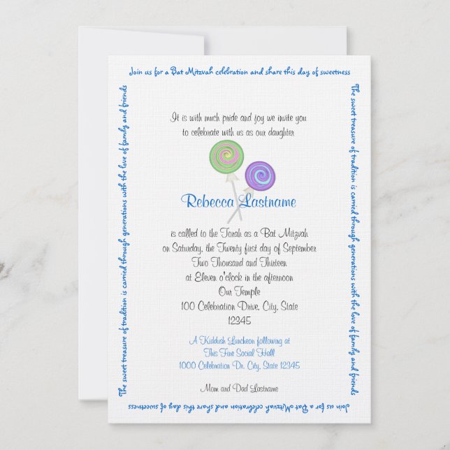 Invitation Bonbons Trésors Bat mitzvah Bleu (Devant)