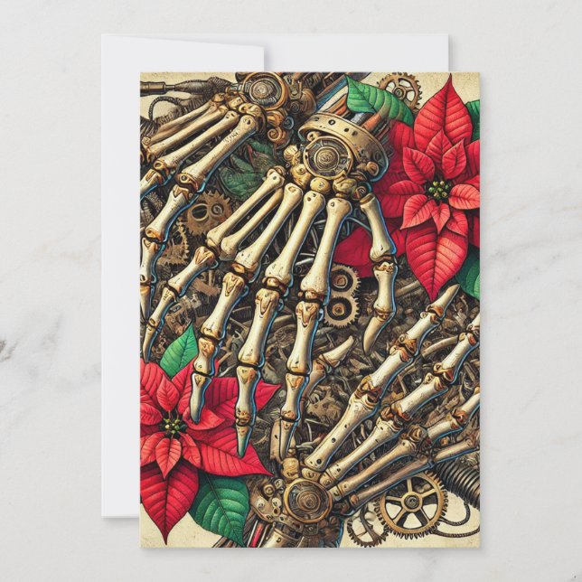 Invitation Bones à main Steampunk imprimables avec Poinsettia (Devant)