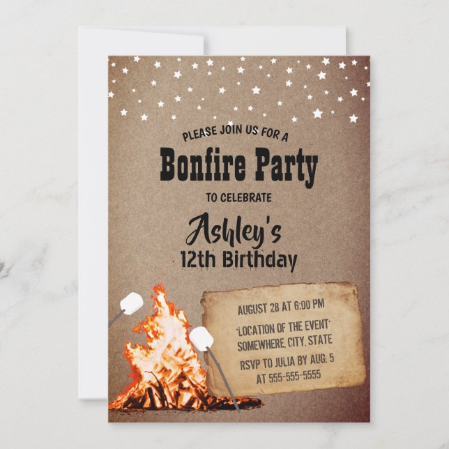 Invitation Bonfire fête d'anniversaire Rustic Kraft (Devant)