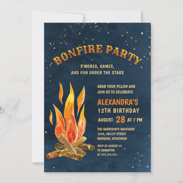 Invitation Bonfire Fête Nuit Aquarelle Amusants Anniversaire (Devant)