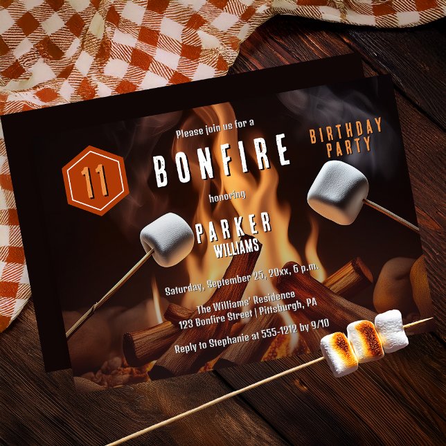 Invitation Bonfire Marshmallow Roast 11e fête d'anniversaire (Bonfire Marshmallow Roast 11th Birthday Party Invitation - Print | Digital Download)