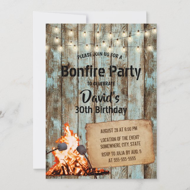 Invitation Bonfire Party Rustic String Light Grange Anniversa (Devant)