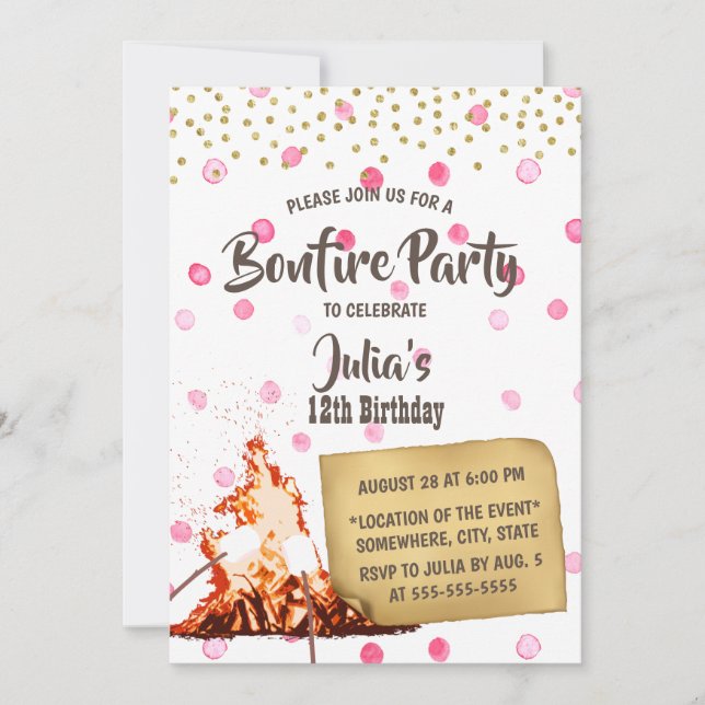 Invitation Bonfire & S'mores Camping Points Rose Anniversaire (Devant)