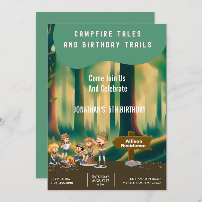 Invitation Bonfire Woodland camping extérieur fête d'annivers (Devant / Derrière)
