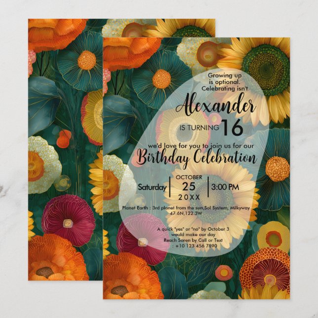 Invitation Bonheur Botanique | Dessin de Fleurs Coloré (Devant / Derrière)