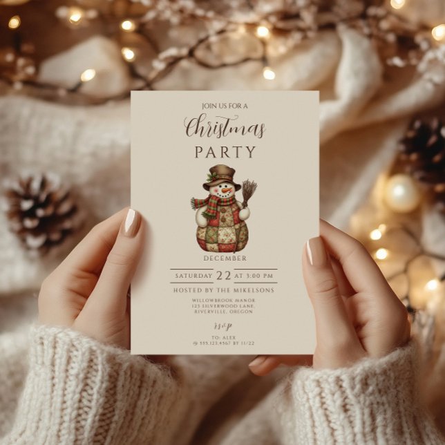 Invitation Bonhomme de neige en patchwork rustique de Noël (Créateur téléchargé)