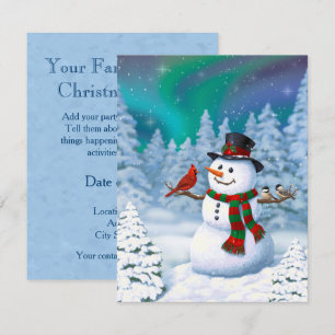 Invitation Bonhomme de neige joyeux de Noël & Oiseaux Scène h