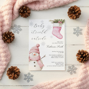 Invitation Bonhomme de neige rose “Bébé il fait froid dehors”